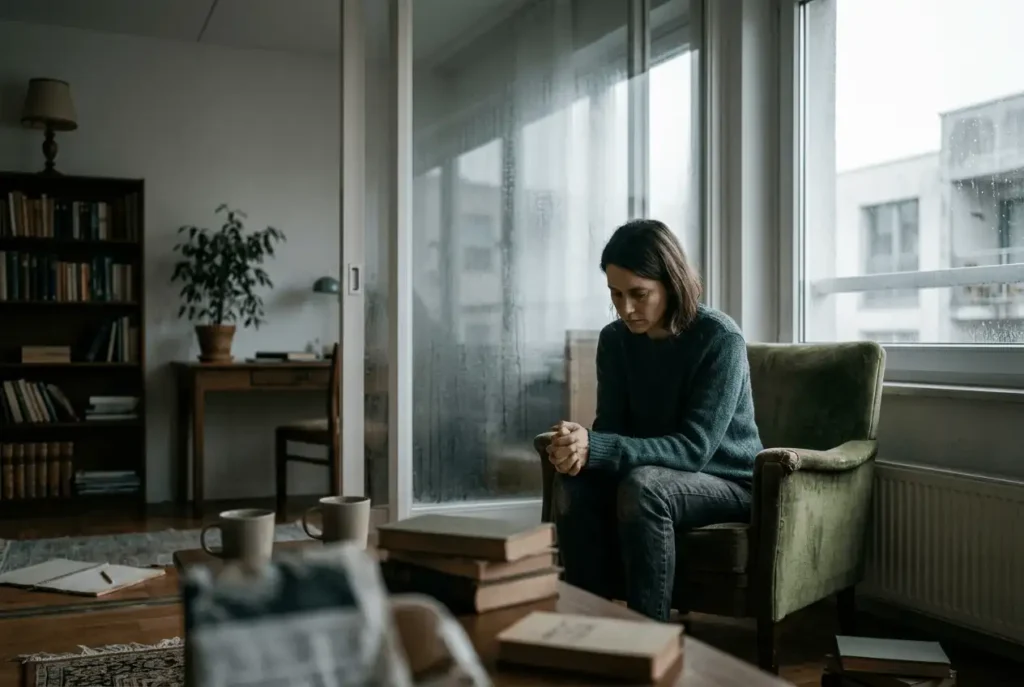 A woman sitting alone in a quiet, dimly lit apartment looking thoughtfully down, reflecting themes of loneliness and isolation