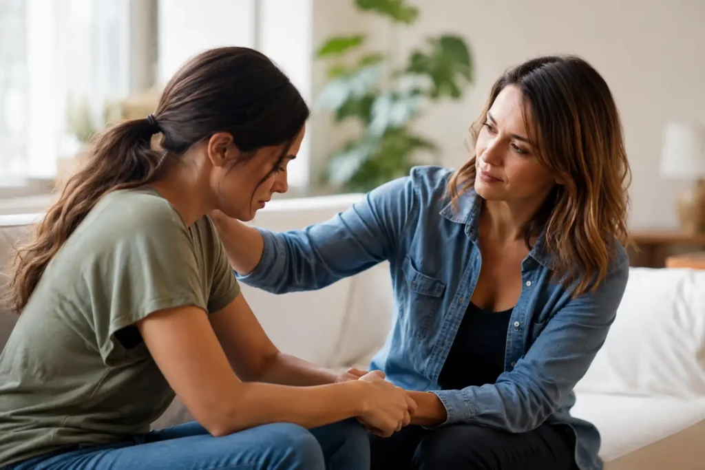 Adult woman supporting a loved one in early sobriety during addiction recovery in a calm, welcoming environment