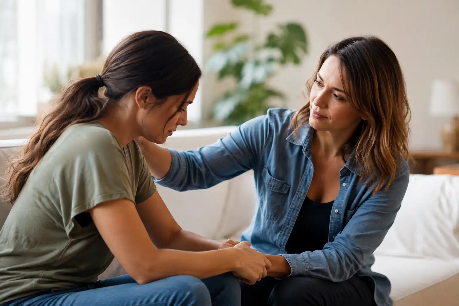 Adult woman supporting a loved one in early sobriety during addiction recovery in a calm, welcoming environment