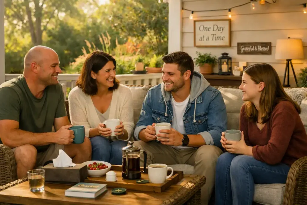 Family enjoying morning coffee on a sunlit veranda of a recovery‑friendly home