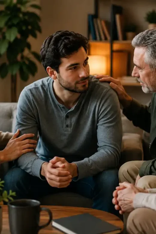 Family members offering support during a conversation about addiction recovery