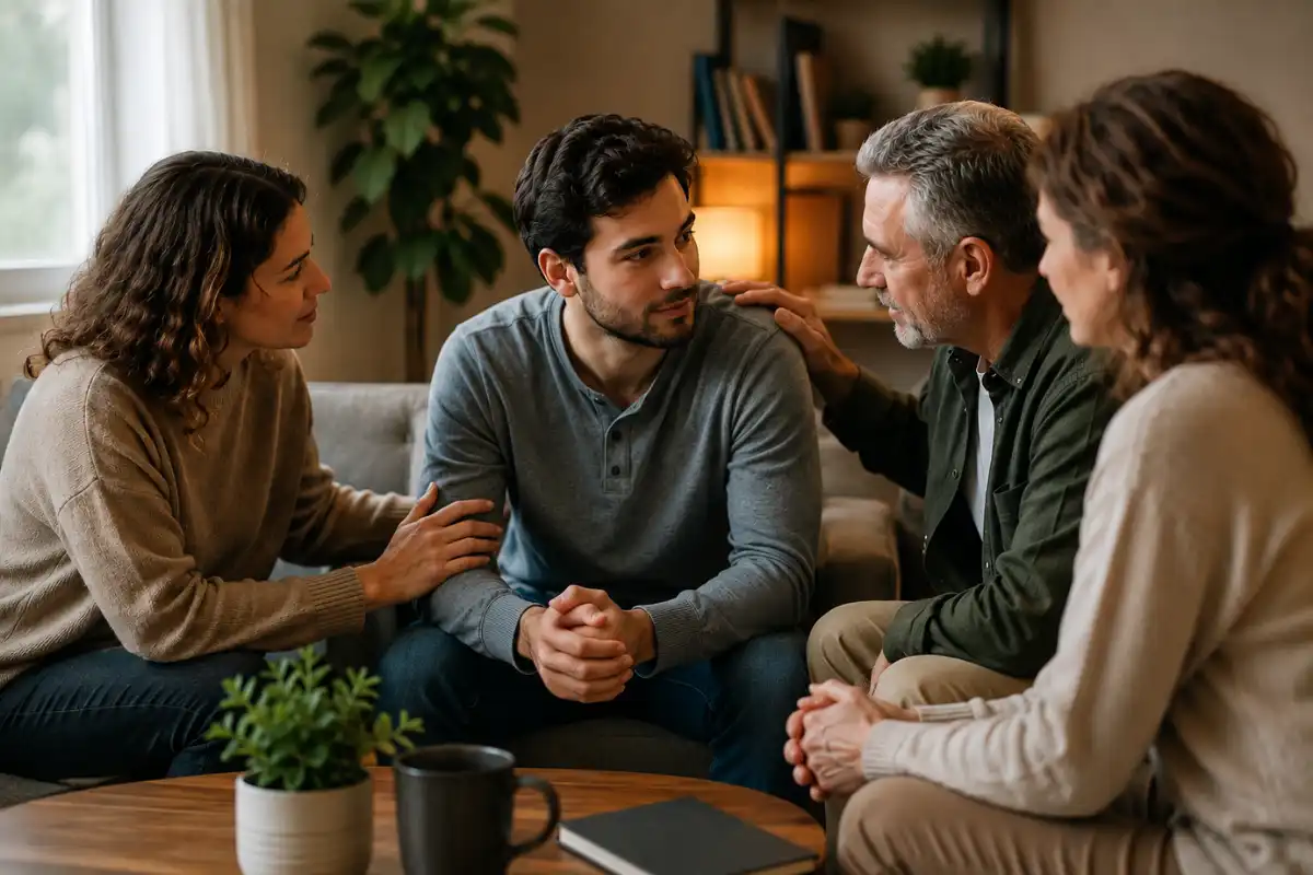 Family members offering support during a conversation about addiction recovery