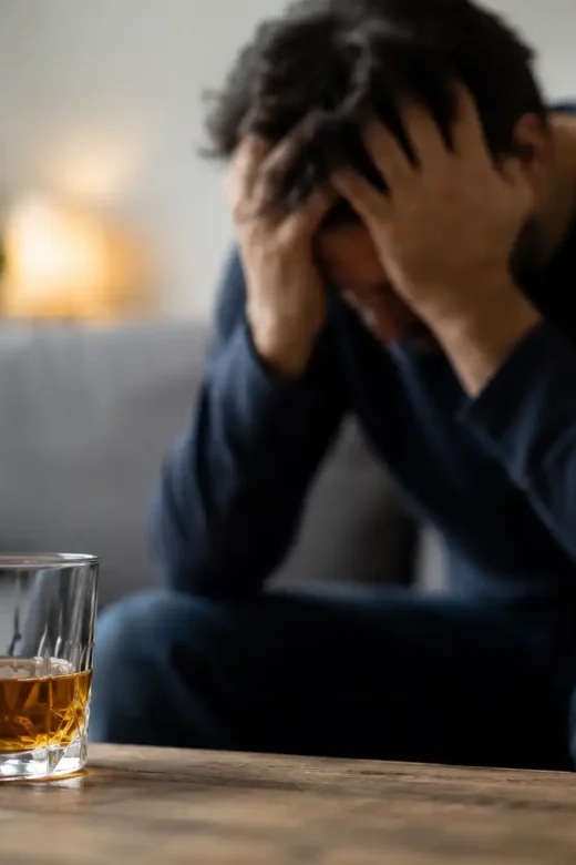 Man experiencing distress while sitting behind a glass of alcohol, representing the challenges of alcohol withdrawal and addiction.