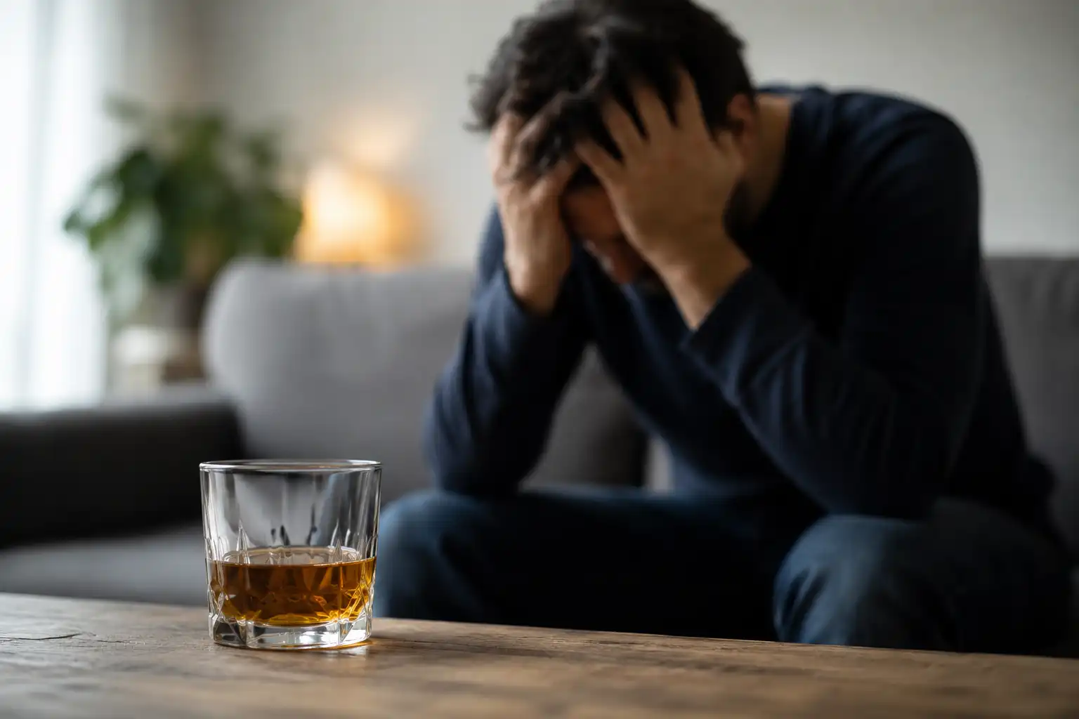 Man experiencing distress while sitting behind a glass of alcohol, representing the challenges of alcohol withdrawal and addiction.