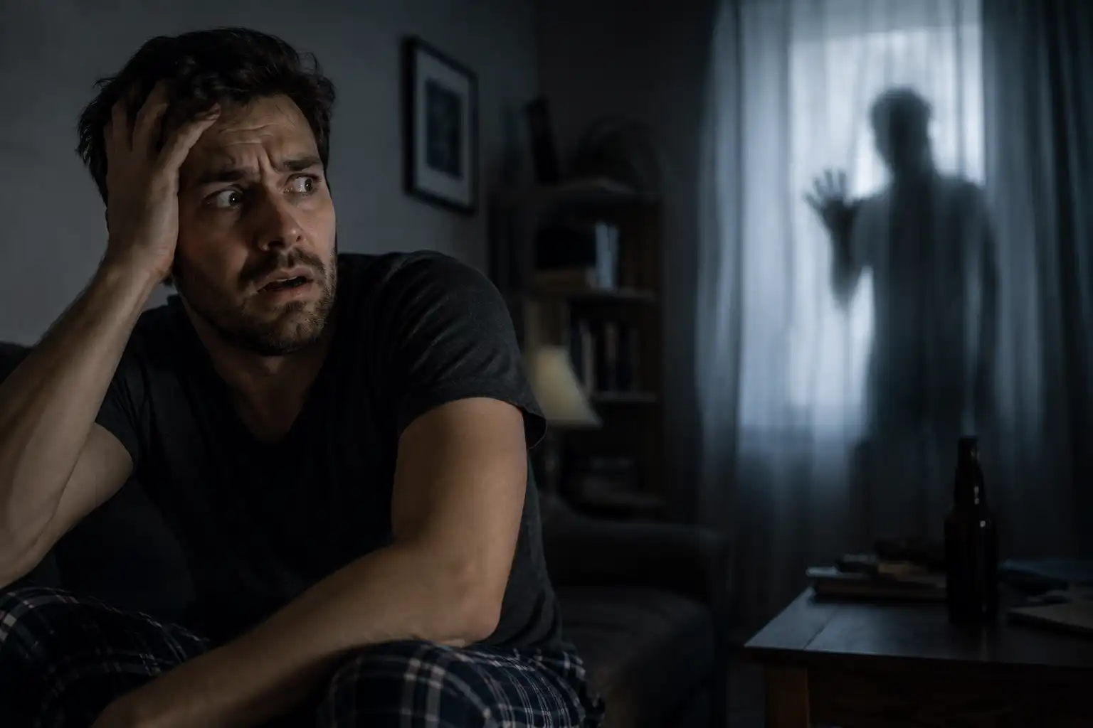 Man experiencing hallucinations during alcohol withdrawal, appearing frightened as he sees a shadowy figure in a dimly lit room.
