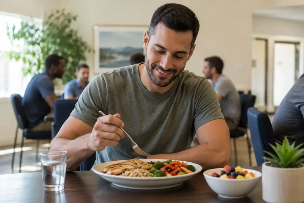 Man in drug rehab enjoying a nutritious meal as part of a healthy addiction recovery program.