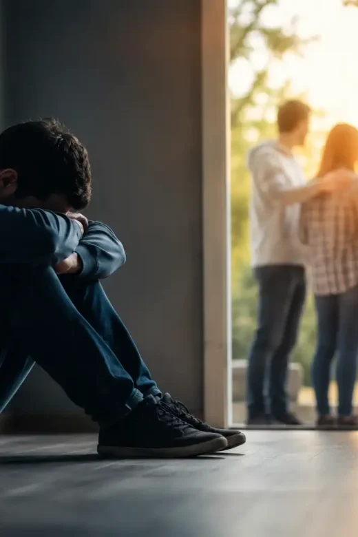 Man isolated in dark room while people gather outside, symbolizing isolation and relapse risk in addiction recovery