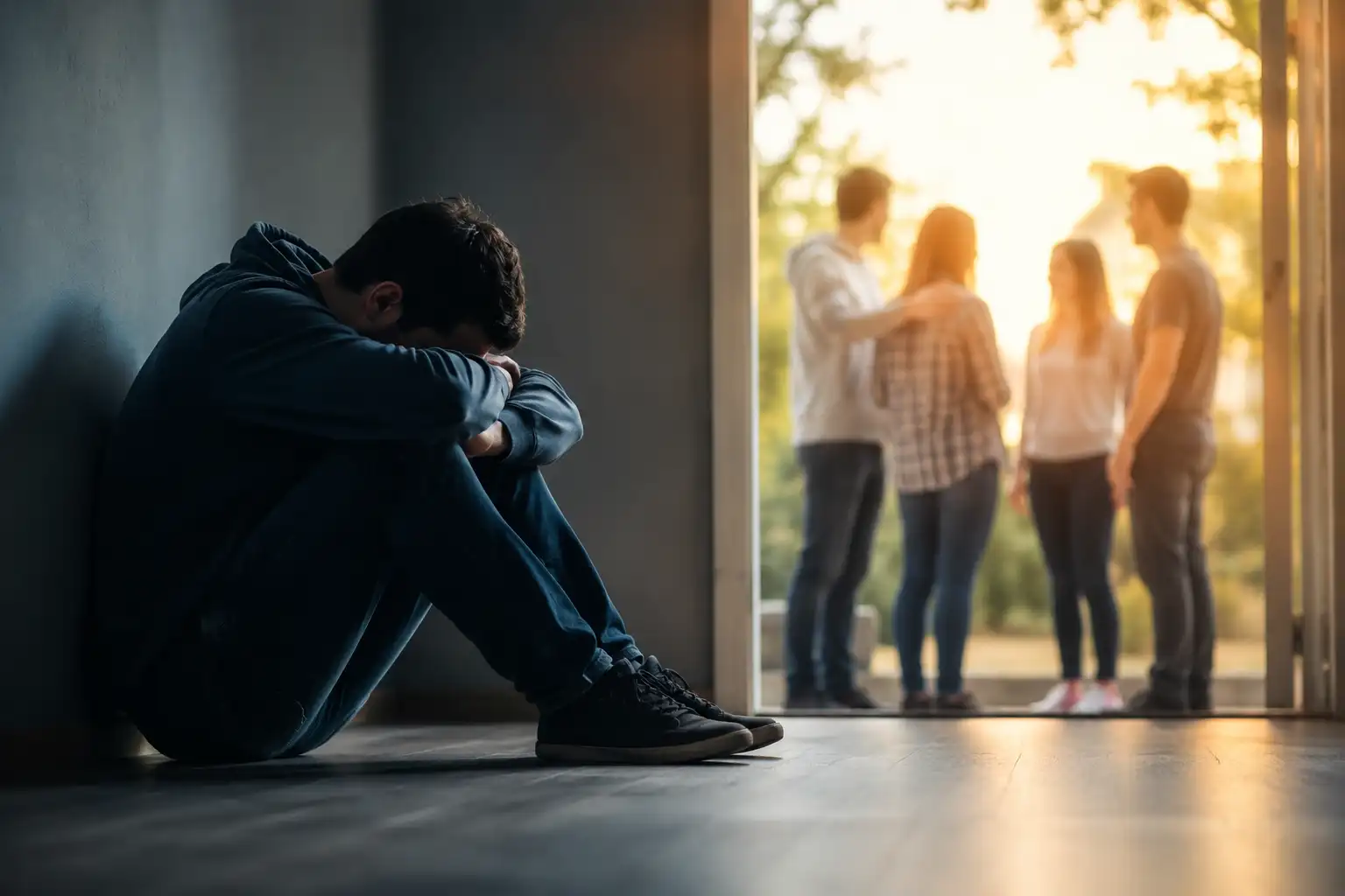 Man isolated in dark room while people gather outside, symbolizing isolation and relapse risk in addiction recovery