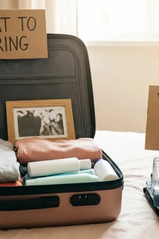 Open suitcase packed with comfortable clothes, a journal, and toiletries next to prohibited items, representing what to bring to rehab and what to leave at home.