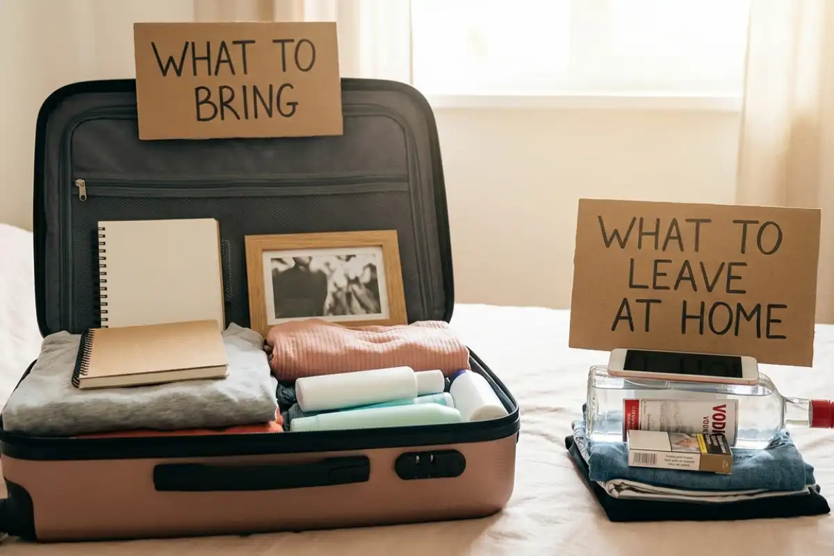 Open suitcase packed with comfortable clothes, a journal, and toiletries next to prohibited items, representing what to bring to rehab and what to leave at home.