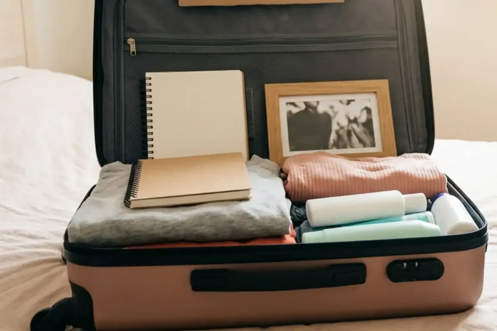 Opened pink suitcase packed with comfortable clothes