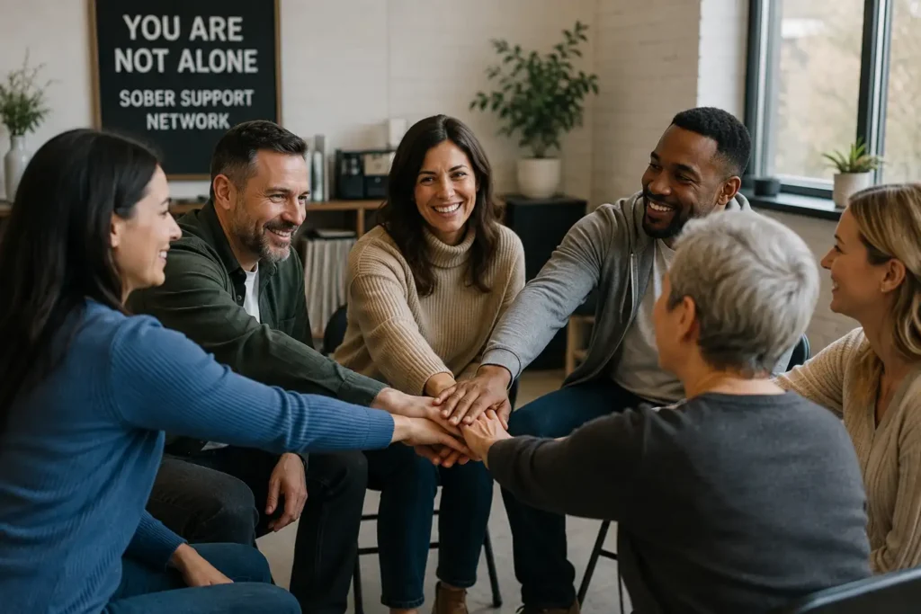 People participating in a sober support group to maintain long-term recovery from drug and alcohol addiction