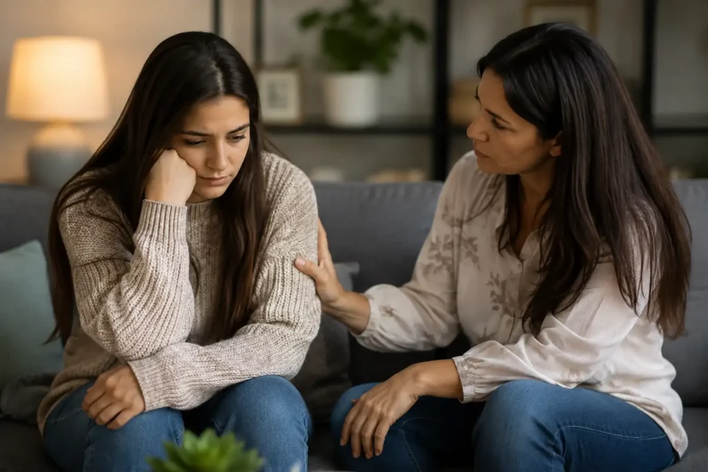 Two women having a supportive conversation, with one comforting a loved one who is struggling emotionally