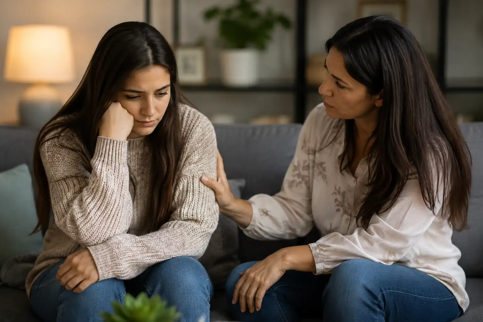 Two women having a supportive conversation, with one comforting a loved one who is struggling emotionally