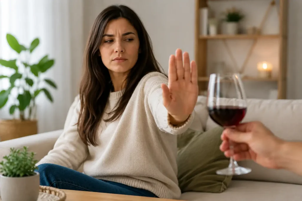 Woman Refusing Wine at Home, avoiding triggers