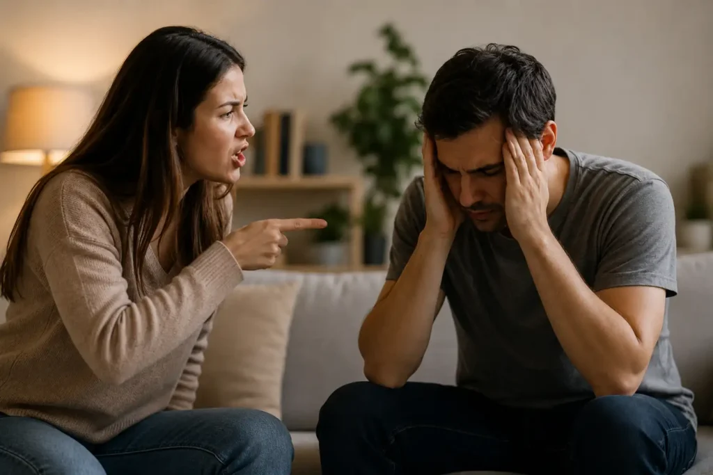Woman arguing with a distressed man, illustrating the harm of threats and shame.