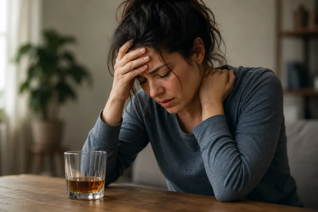 Woman experiencing alcohol withdrawal symptoms while sitting at a table with a glass of alcohol, appearing anxious, fatigued, and distressed