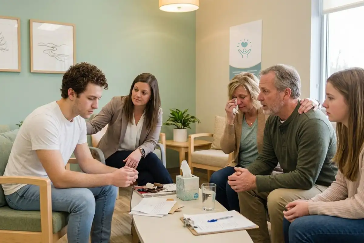 a male client during family intervention at drug and alcohol addiction treatment center in riverside california