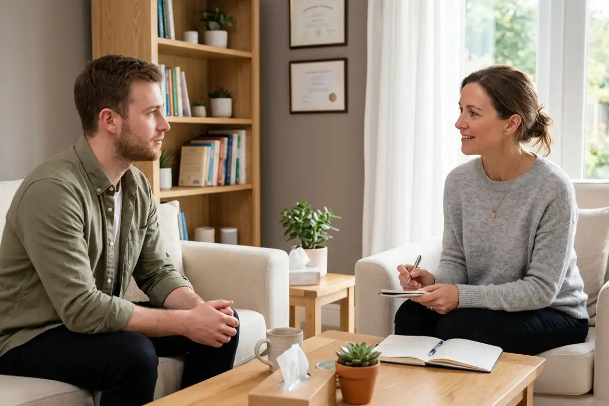 a male client during one on one counseling at drug and alcohol addiction treatment center