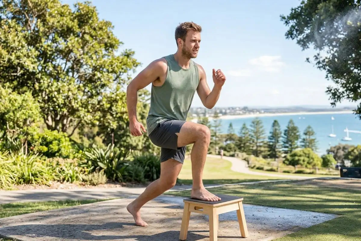 a man exercising outdoors, focusing on dynamic movement and natural light