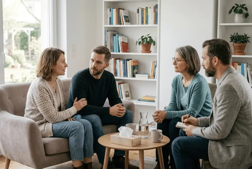 professional staff explaining the admission process to a male client and his loved one for treatment