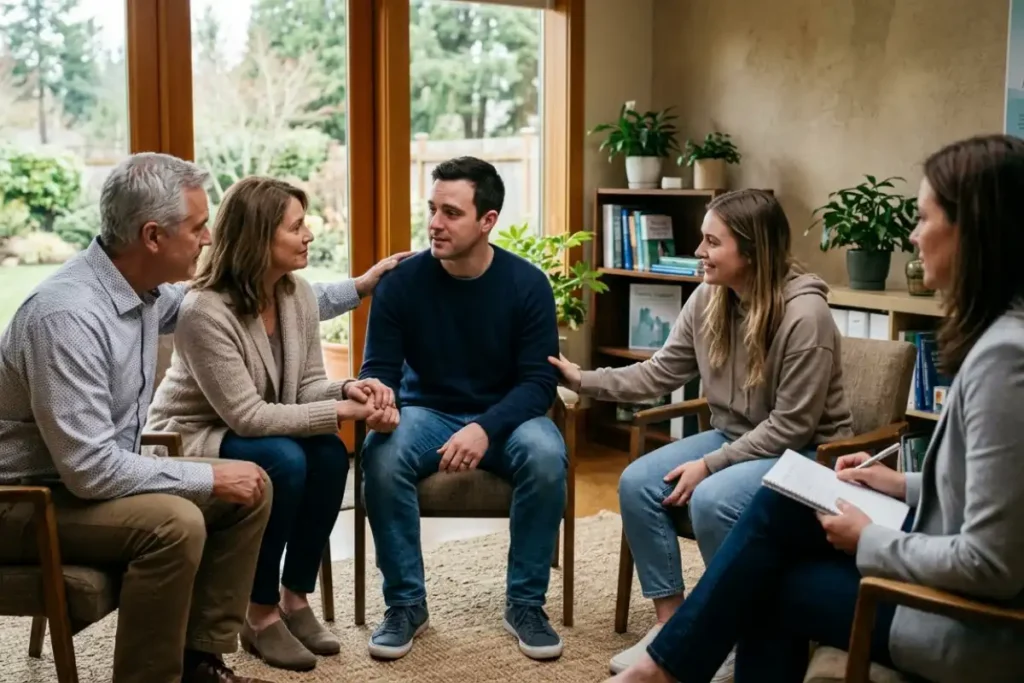 supportive family of a male client during addiction treatment in riverside