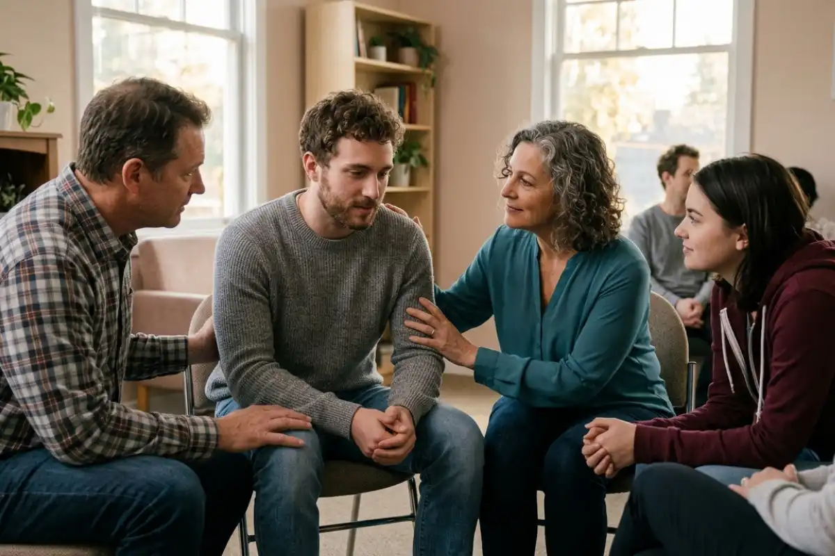supportive family of a male client during addiction treatment in riverside california
