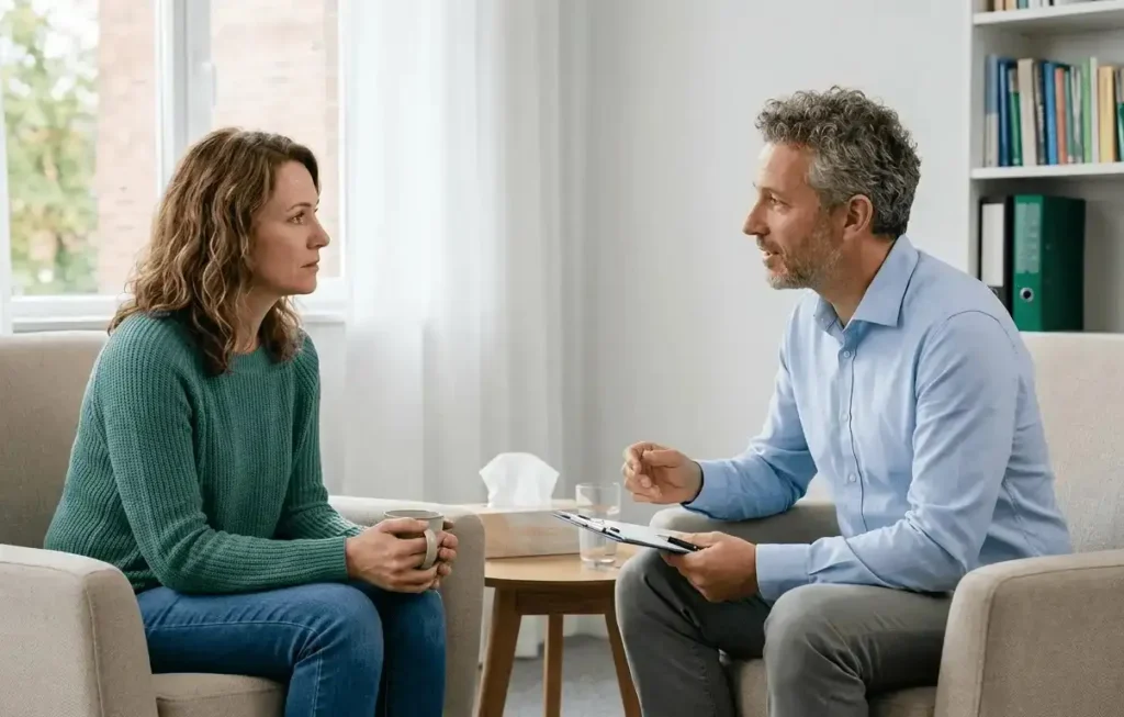 A female client and a male psychologist sitting in comfortable armchairs during a one-on-one counseling session in a brightly lit, modern therapy room.