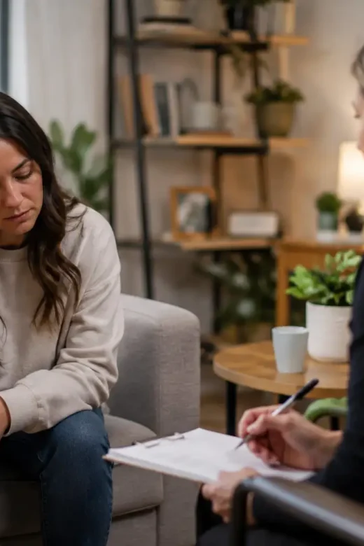 Mental health therapy session with a woman speaking to a therapist in a counseling room