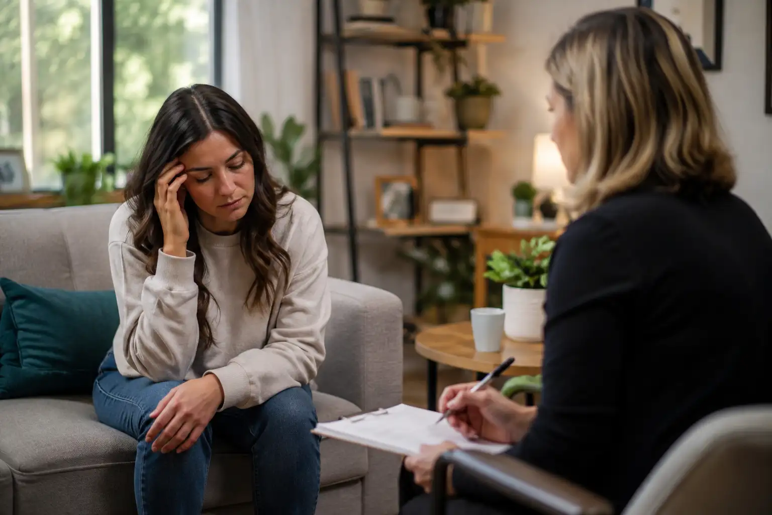 Mental health therapy session with a woman speaking to a therapist in a counseling room