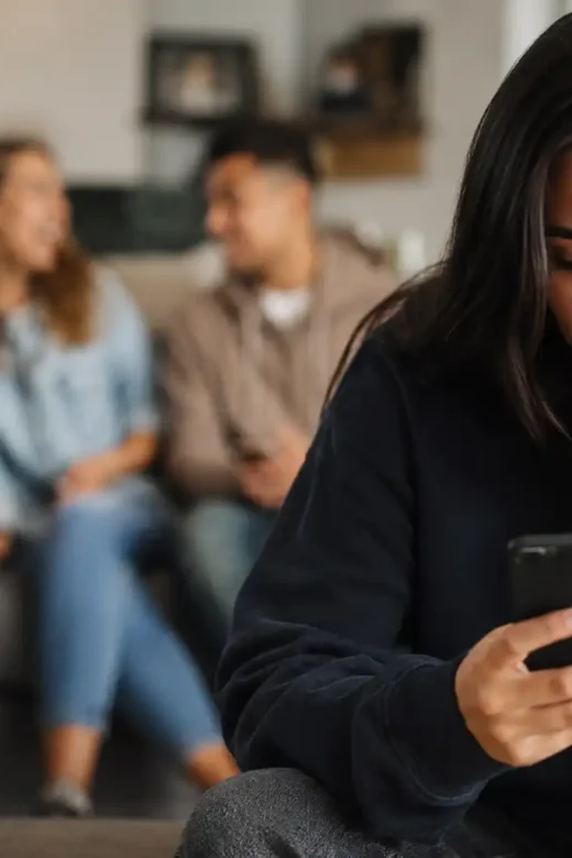 Young adult woman looking at her phone while sitting apart from friends in a social setting
