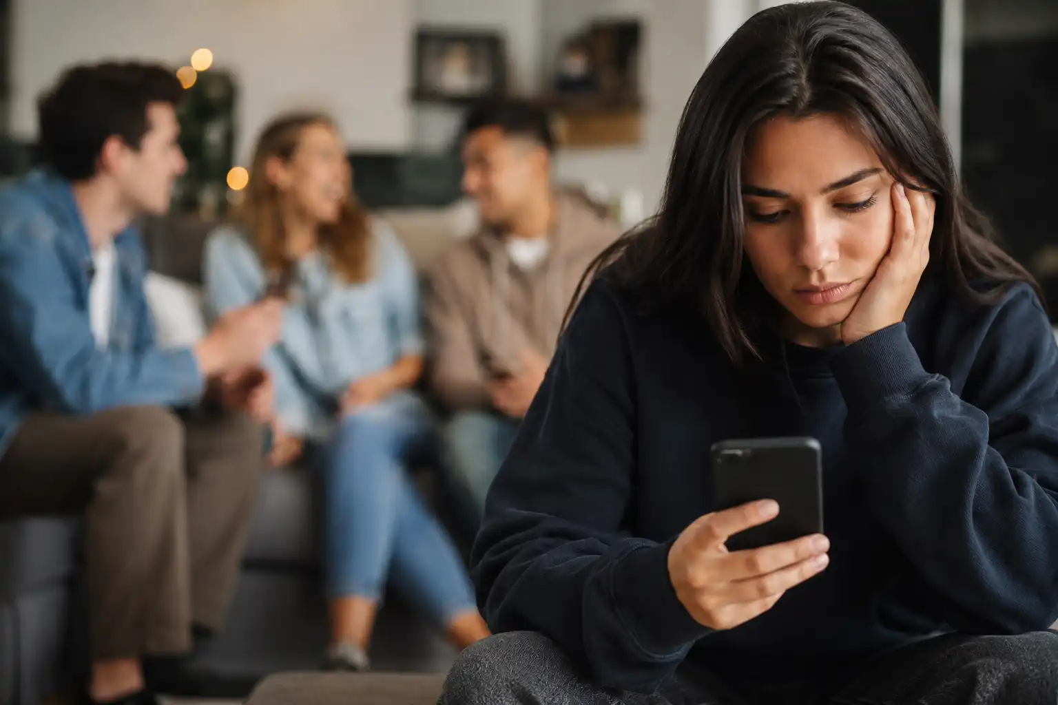 Young adult woman looking at her phone while sitting apart from friends in a social setting