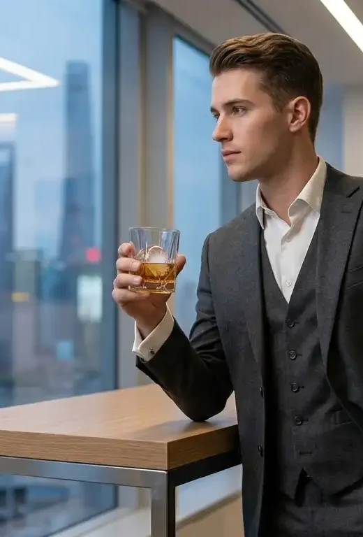a young male executive holding a glass of alcohol