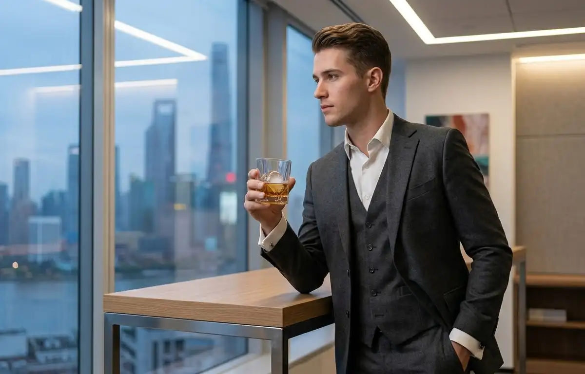 a young male executive holding a glass of alcohol