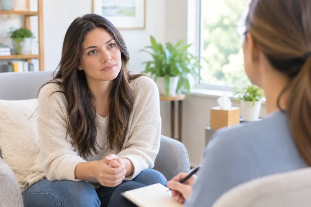 female client during a Calm Conversation in Therapy