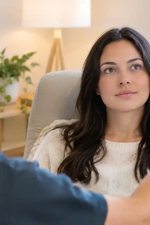 photo of a female client during EMDR Therapy, Calm Eye-Focus Therapy Session