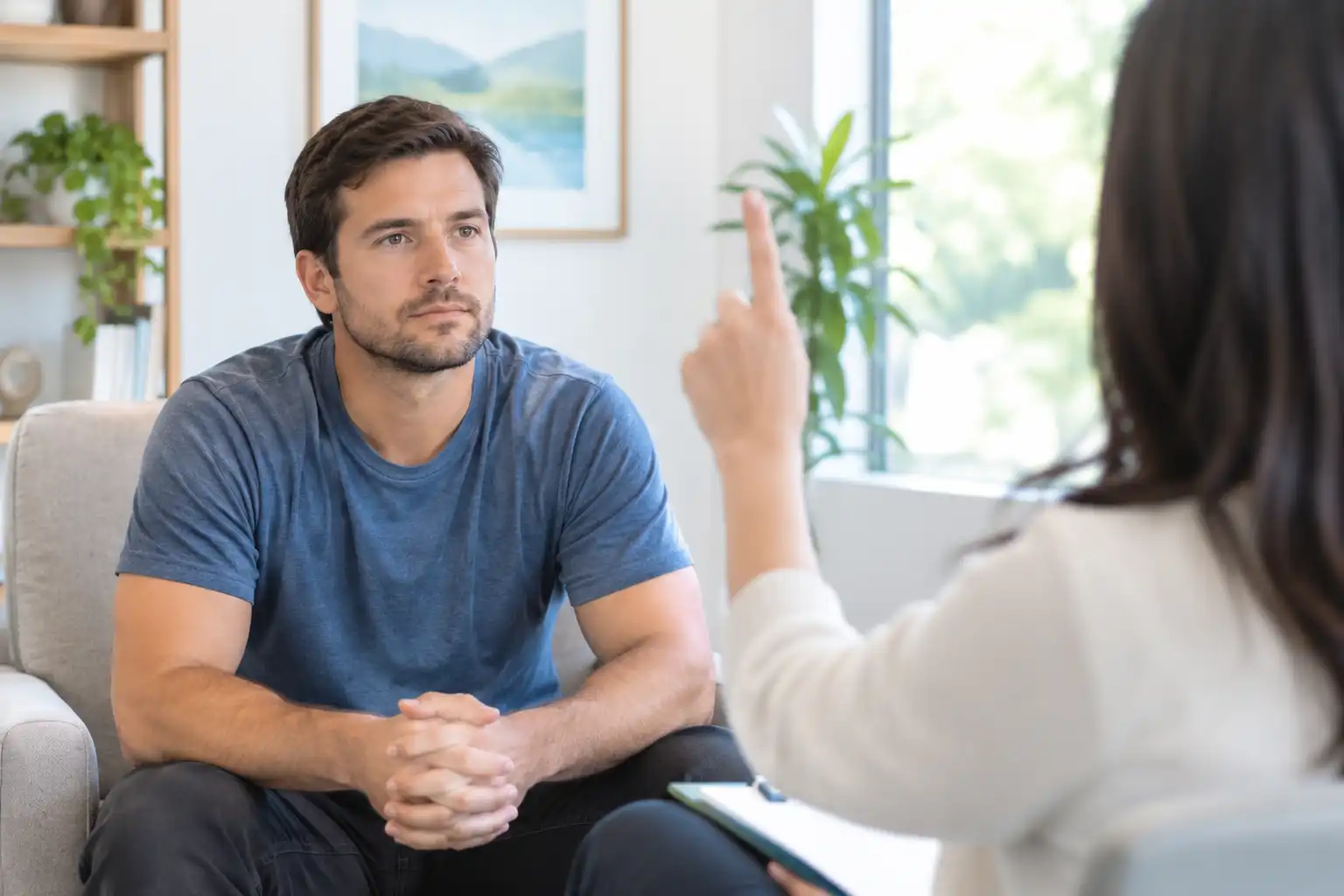 photo of a male client during EMDR Therapy, Calm Therapy Session with Guided Focus