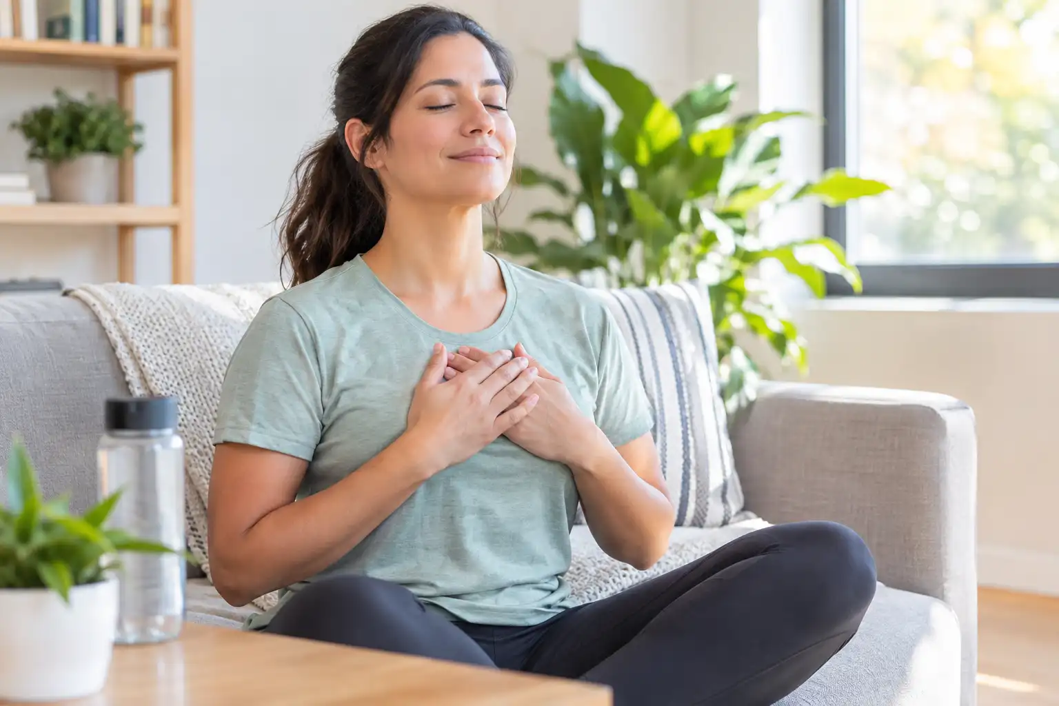 photo of a woman managing her stress without drugs and alcohol through meditation