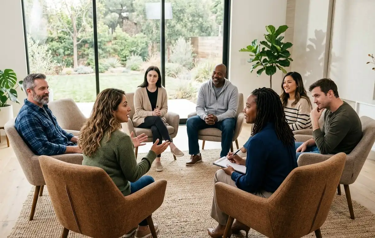A diverse group of adults sitting in a circle during a supportive group therapy session inside a bright, modern rehabilitation center with a counselor taking notes