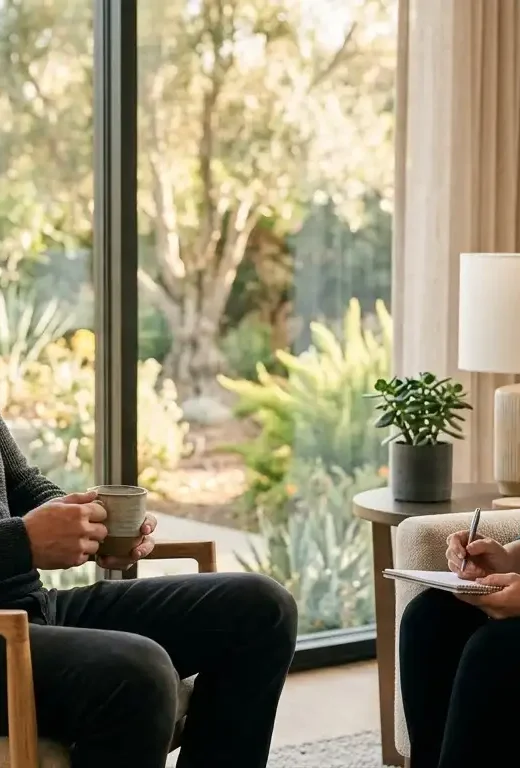 A man holding a warm mug talks thoughtfully with a counselor in a sunlit, modern therapy room surrounded by lush outdoor greenery.