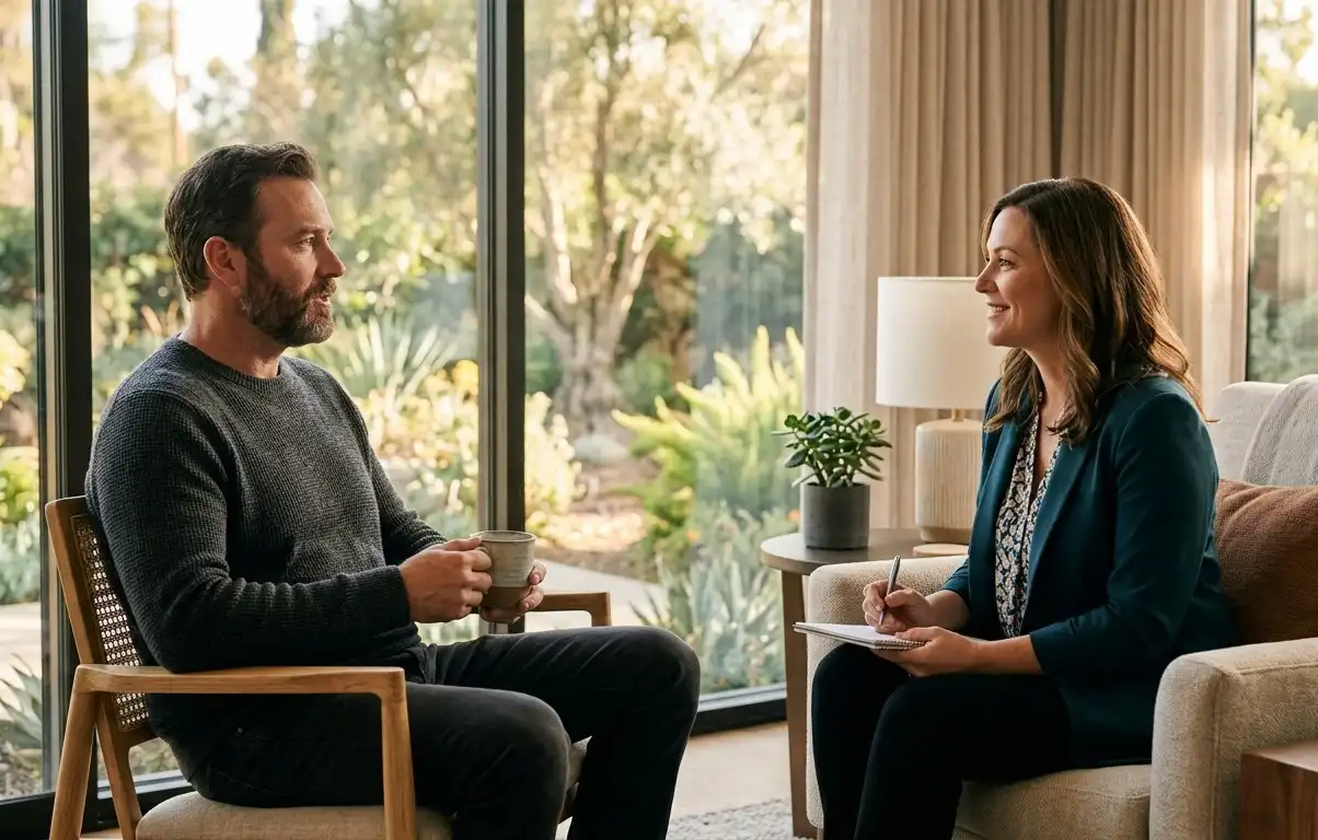 A man holding a warm mug talks thoughtfully with a counselor in a sunlit, modern therapy room surrounded by lush outdoor greenery.