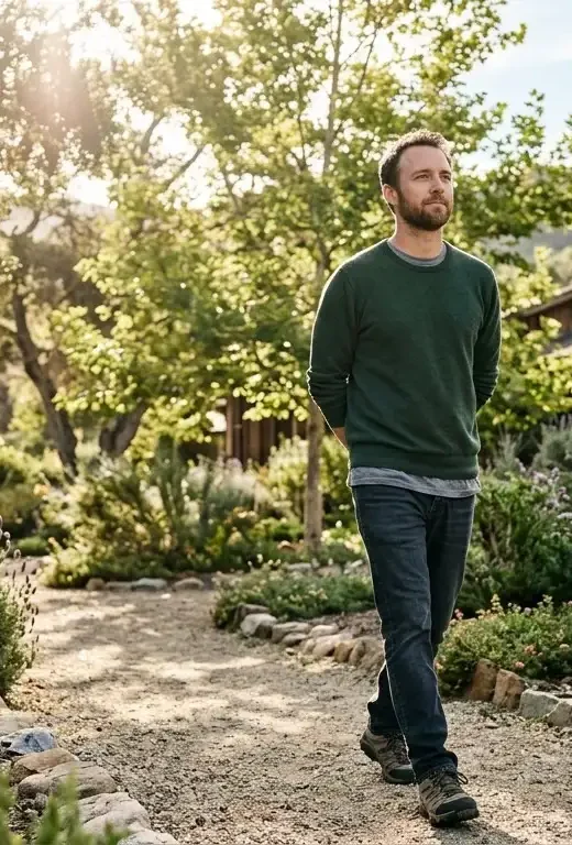 A man in addiction recovery taking a morning walk as part of a healthy daily routine