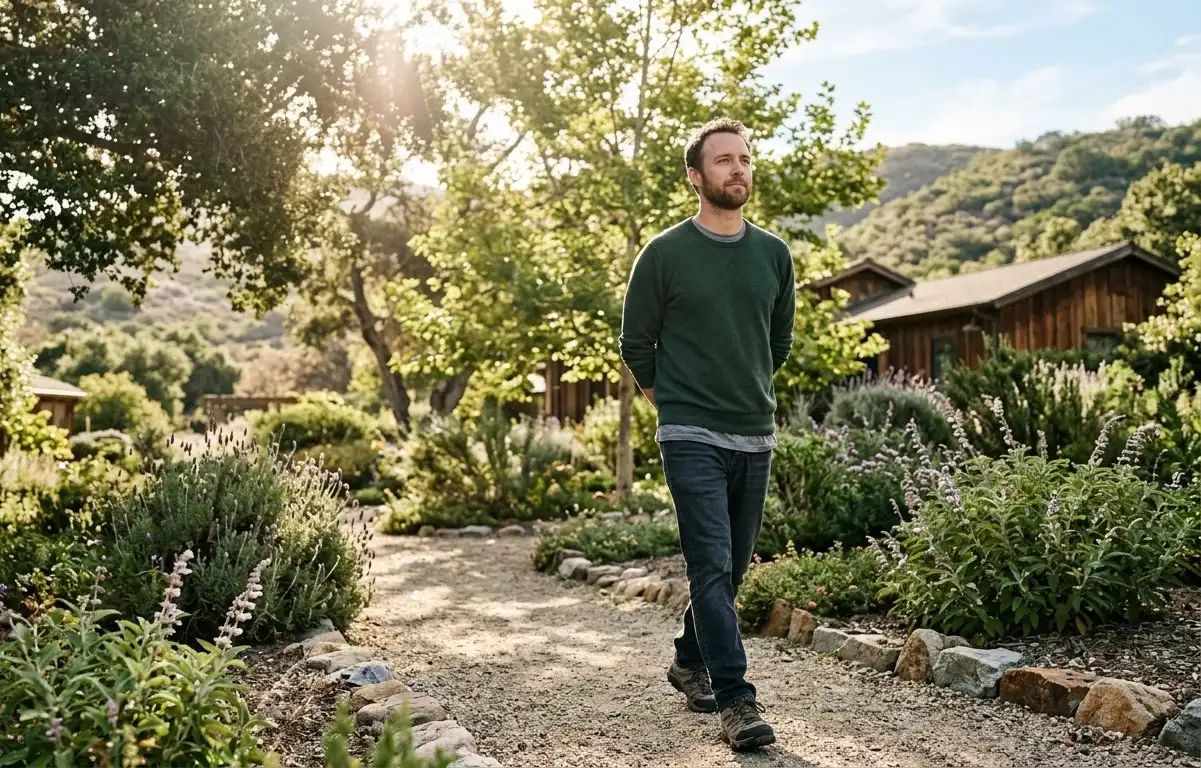 A man in addiction recovery taking a morning walk as part of a healthy daily routine