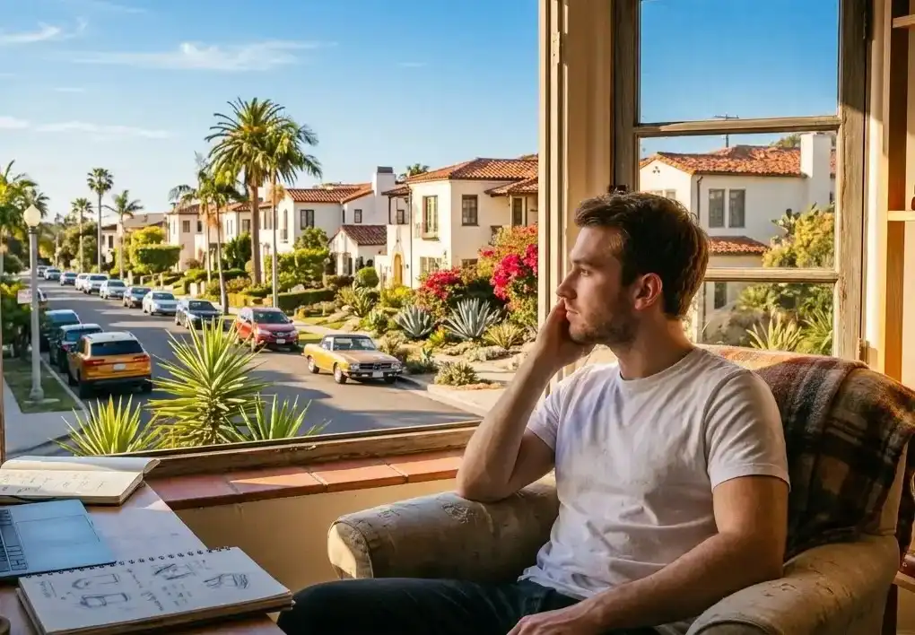 A man sits in a study, gazing out a window at a Californian-style neighborhood under a clear blue sky