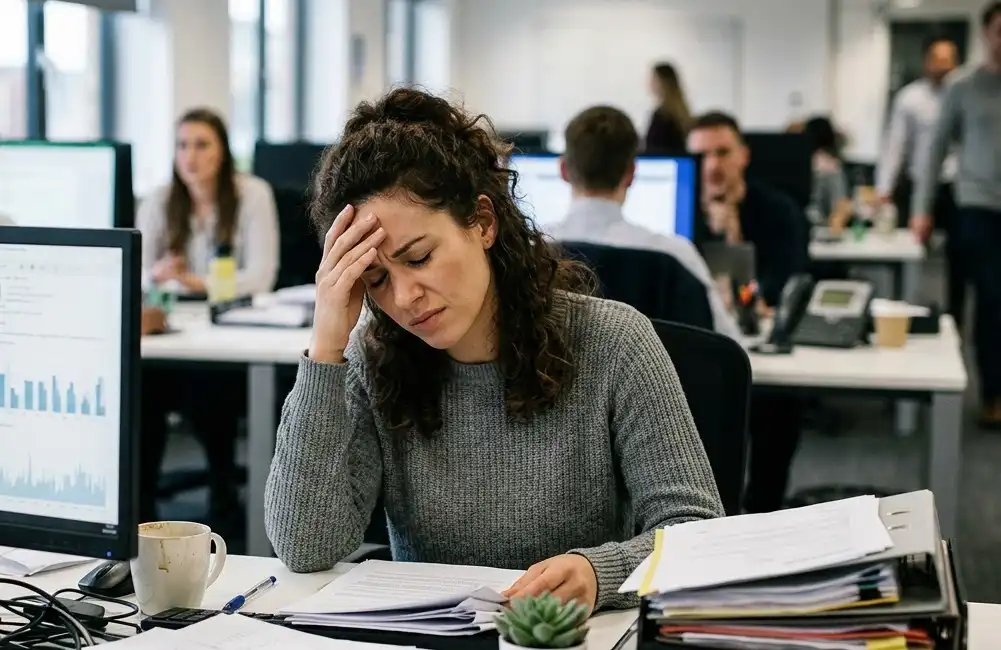 A professional woman sitting at a desk in a busy office, holding her hand to her forehead with an expression of stress and fatigue