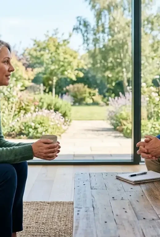 A realistic, professional photograph of an adult woman in addiction recovery having a supportive one-on-one conversation with a counselor