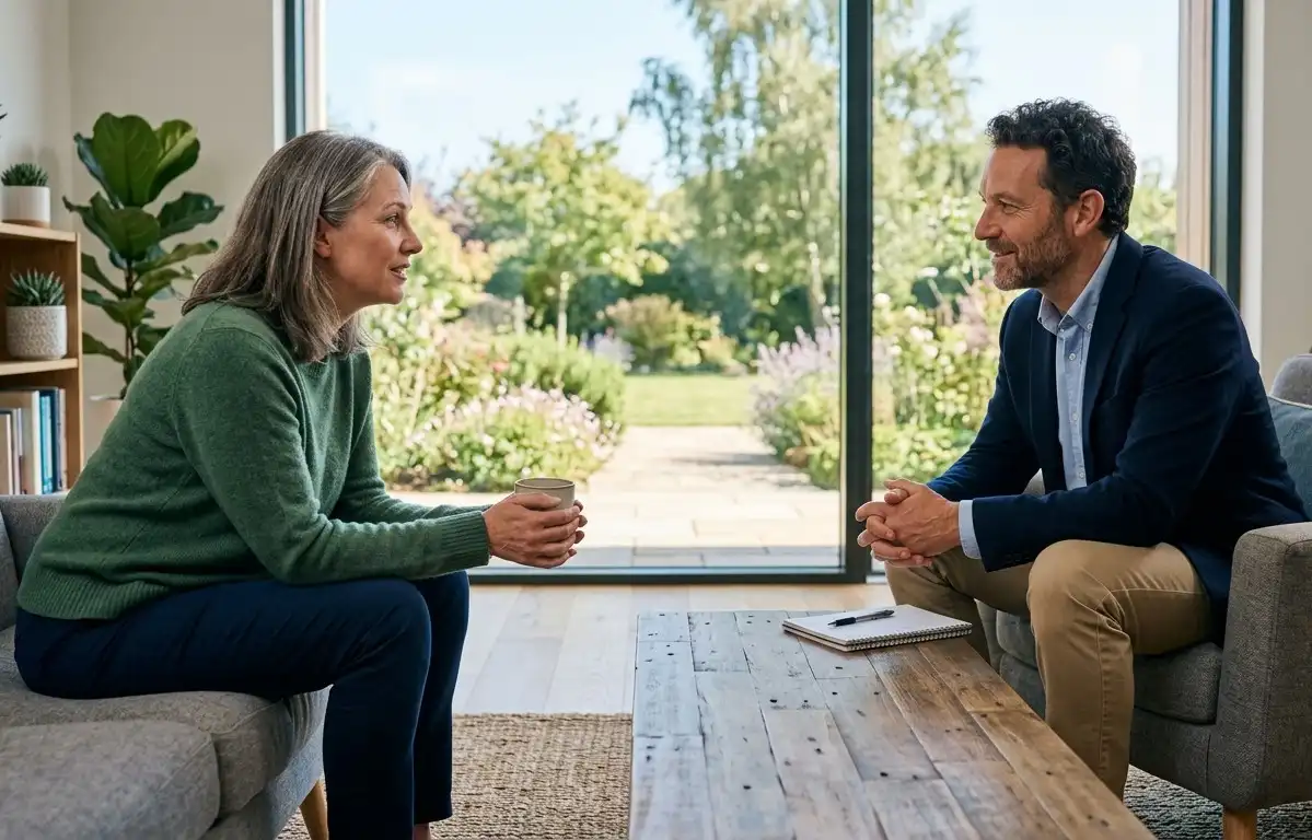 A realistic, professional photograph of an adult woman in addiction recovery having a supportive one-on-one conversation with a counselor