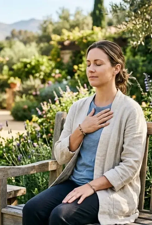 A woman sits on a wooden garden bench, eyes closed with a peaceful expression and her hand on her chest, in a lush Southern California garden