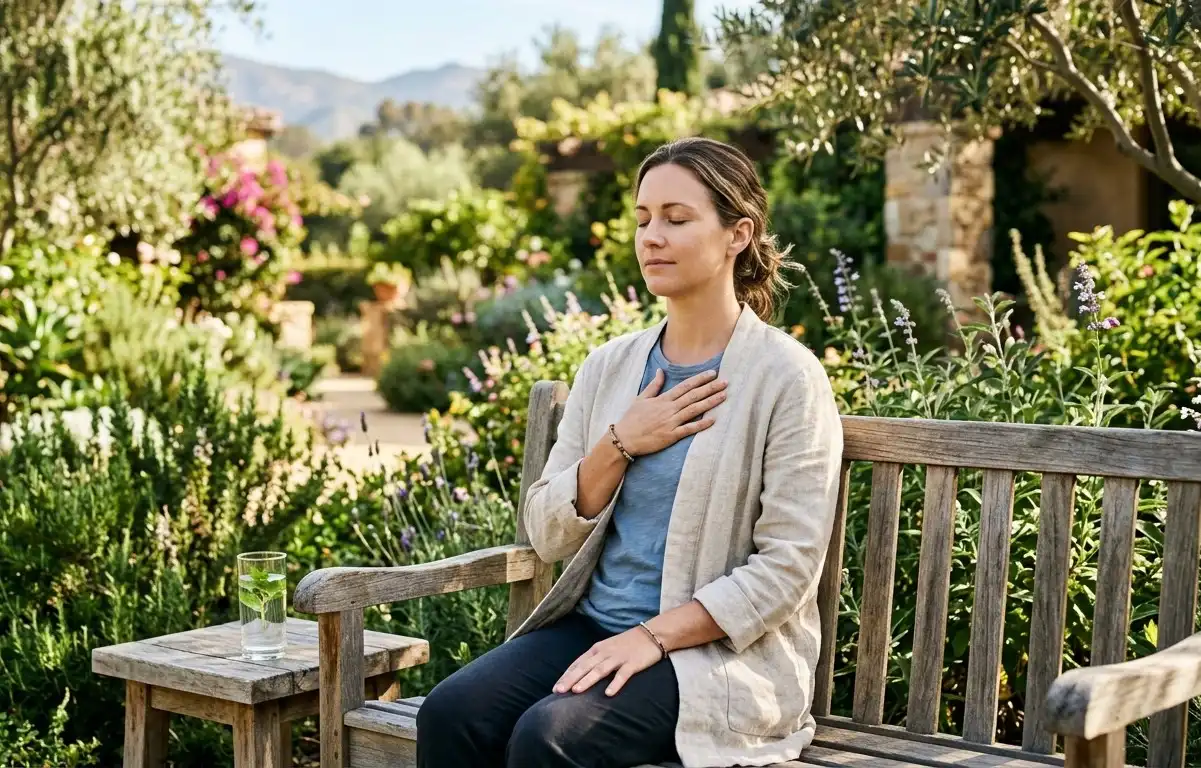 A woman sits on a wooden garden bench, eyes closed with a peaceful expression and her hand on her chest, in a lush Southern California garden