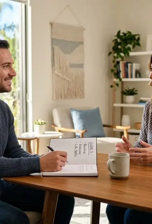 Adult man discussing life skills and recovery goals with a counselor at an addiction treatment center